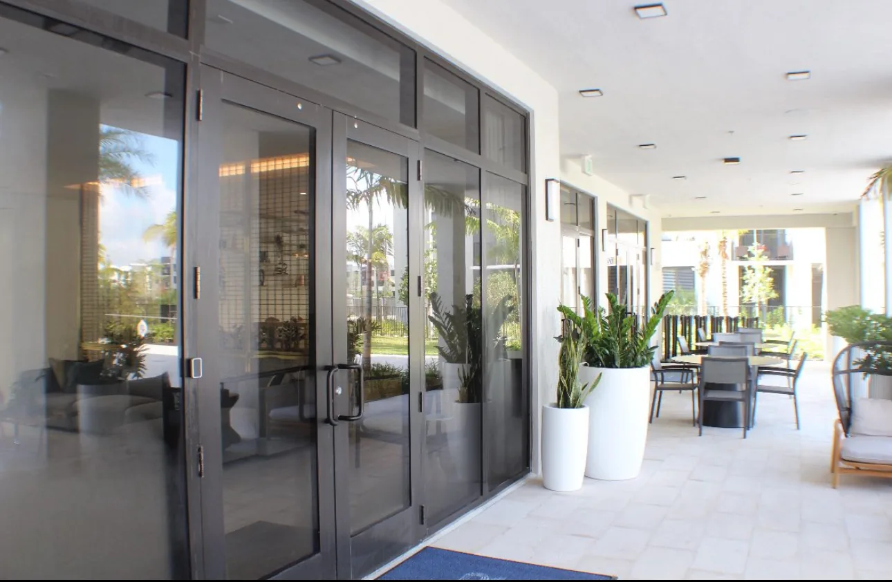 Dark bronze commercial entry double glass doors with black pull handles and transom windows